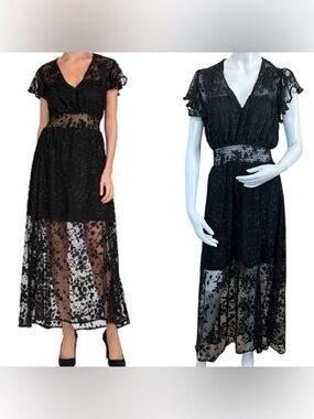 The Kooples Black Short Sleeve Floral Tulle Maxi Dress EU 38 US M